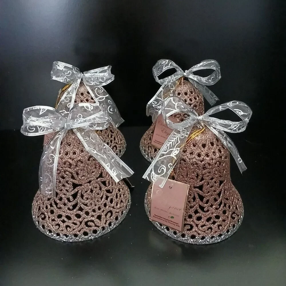 Holiday Hanging Bell Ornament Decorations Set of 4 Plastic Rose Gold/Glitter 6